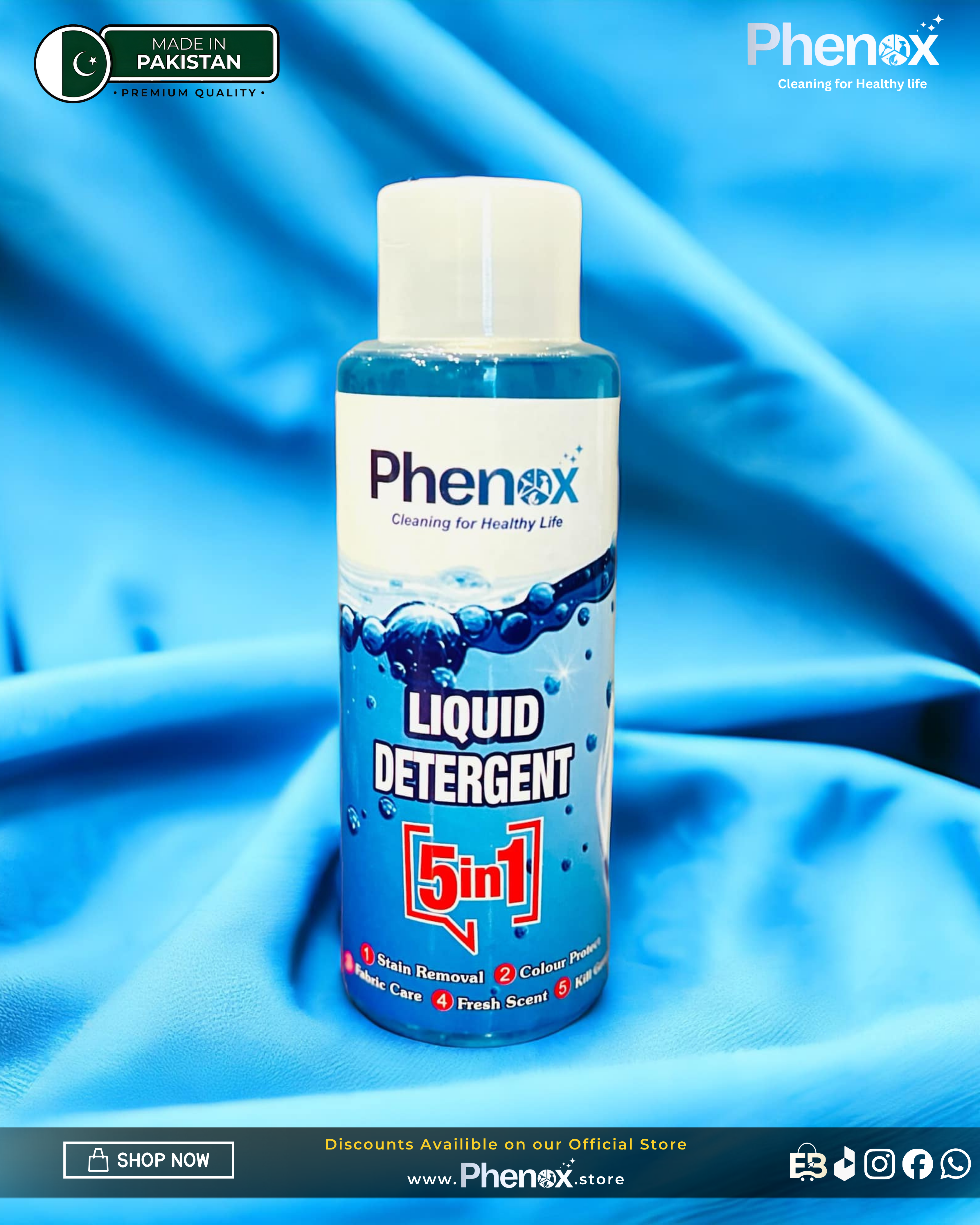 Phenox Liquid 5 In 1 Detergent - Deep Cleaning, Stain Removal & Long-Lasting Freshness, color fastener, fabric softener | suitable for All Fabrics | 1 Litre