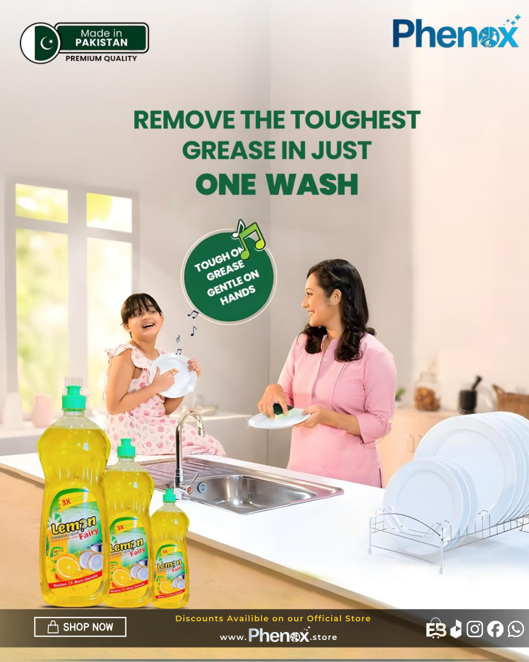 Phenox Lemon Fairy Anti-Bacterial Dishwash Liquid Bottle 500ml / 1 litter & 5 Litter