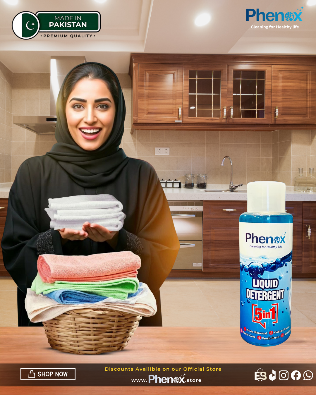 Phenox Liquid 5 In 1 Detergent - Deep Cleaning, Stain Removal 1 litter & 5 Litter
