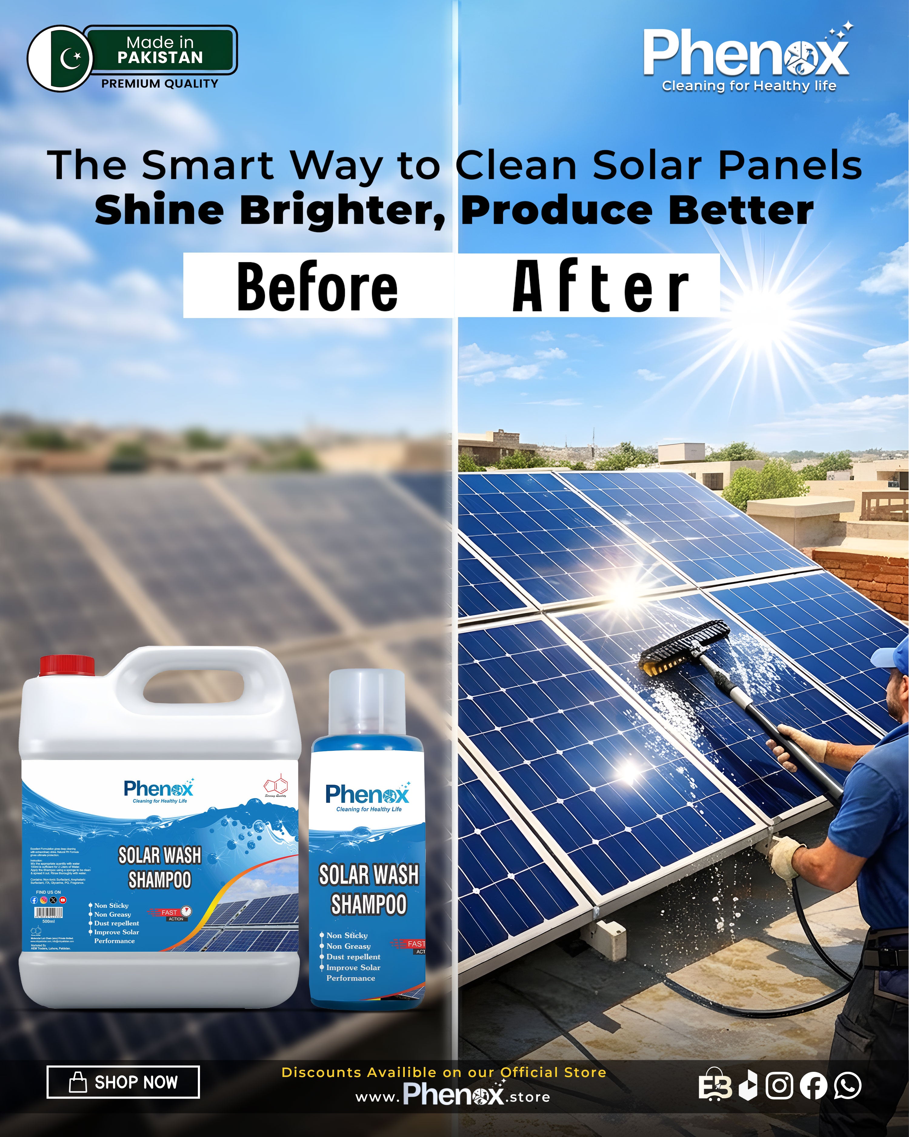 Phenox Solar Wash Shampoo! Maximize Your Solar Energy  - 500ml & 5 Litre