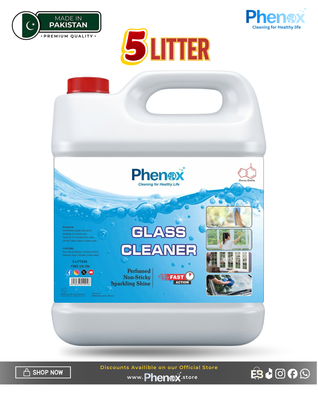 Phenox Glass Cleaner – Adding a Spotless Shine to Your Glasses 500 ml & 5 Litter
