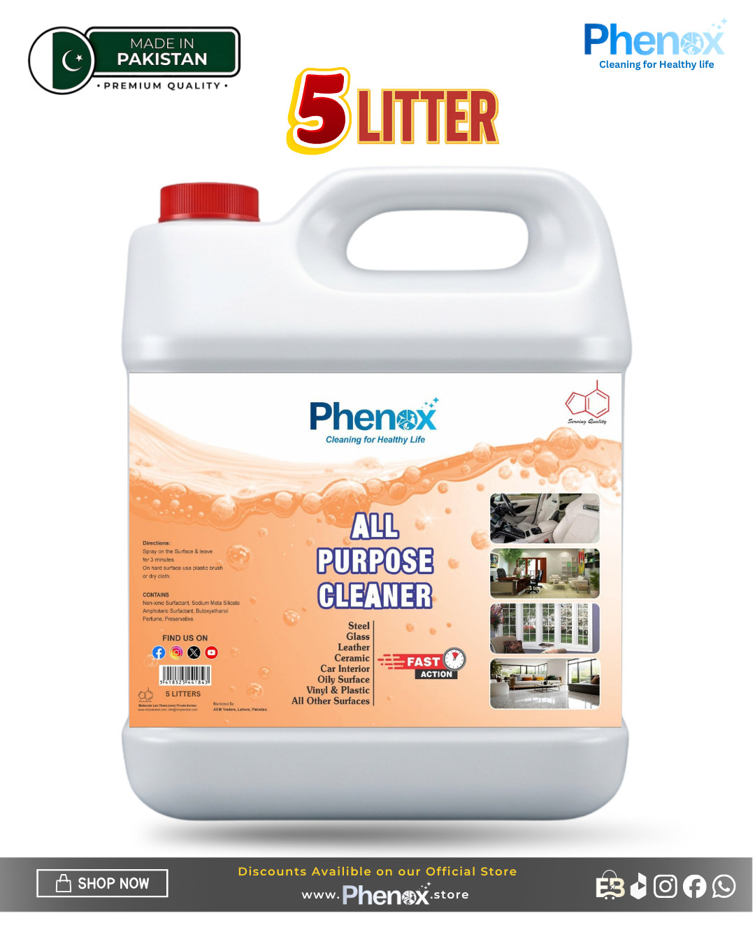 Phenox All Purpose Cleaner 500 Ml & 5 Litter Powerful Degreaser, Grease, Grime, Clearing Oil Stains