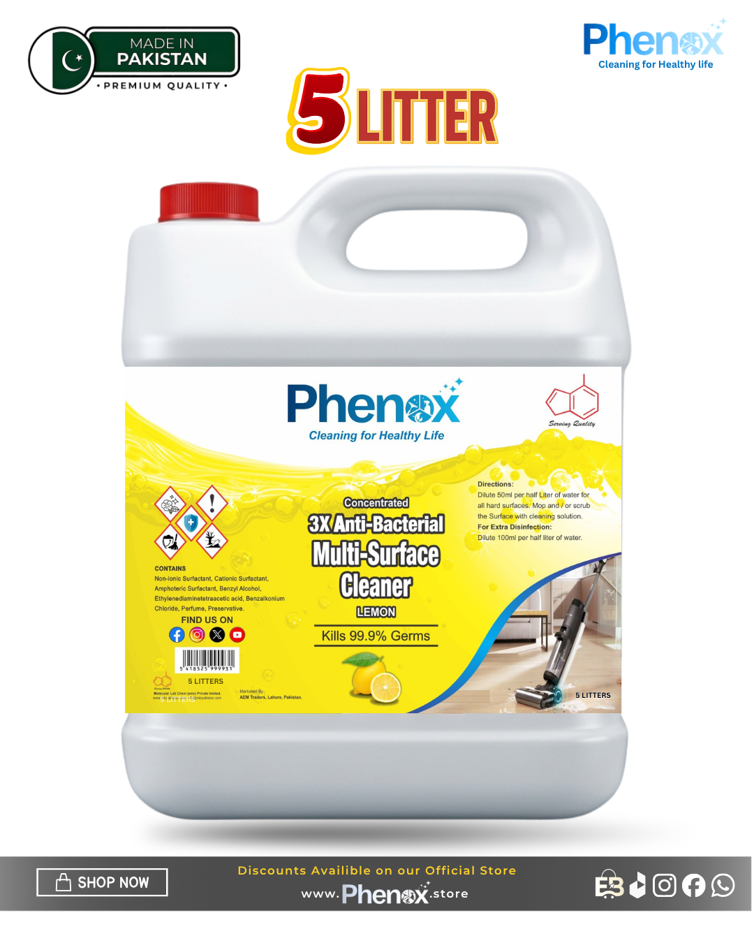 Phenox 3X Anti-Bacterial Multi Surface Cleaner (Floral) (Lemon )  – 500ml & 5 Litter