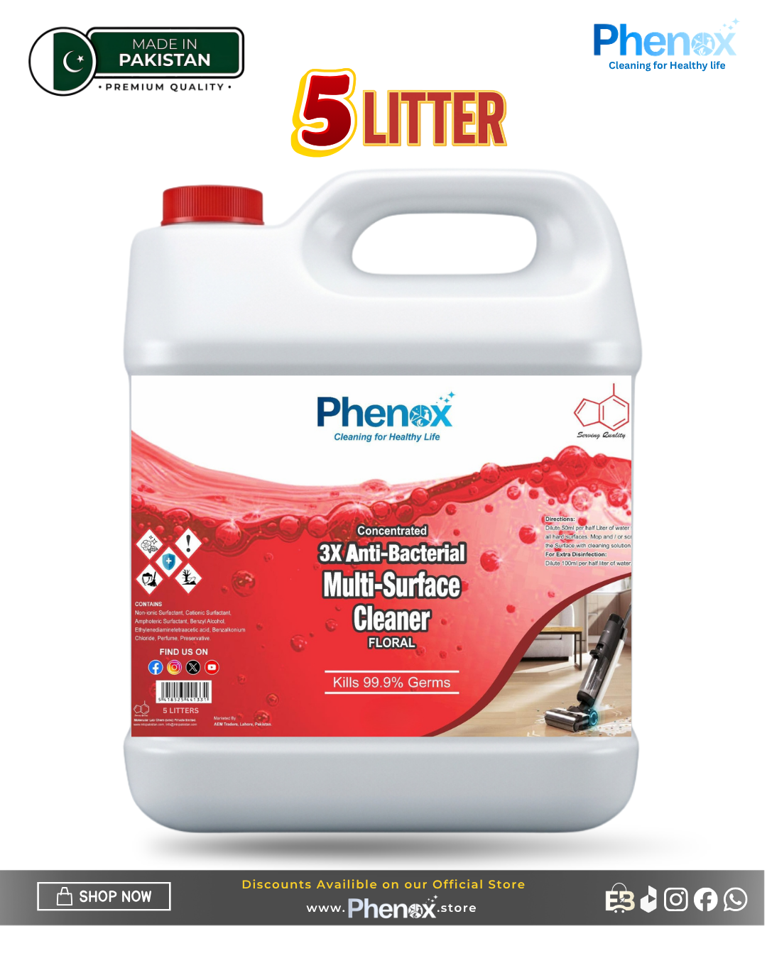 Phenox 3X Anti-Bacterial Multi Surface Cleaner (Floral) Max All Purpose Multi Surface Disinfecting Cleaner – 500ml & 5 Litter