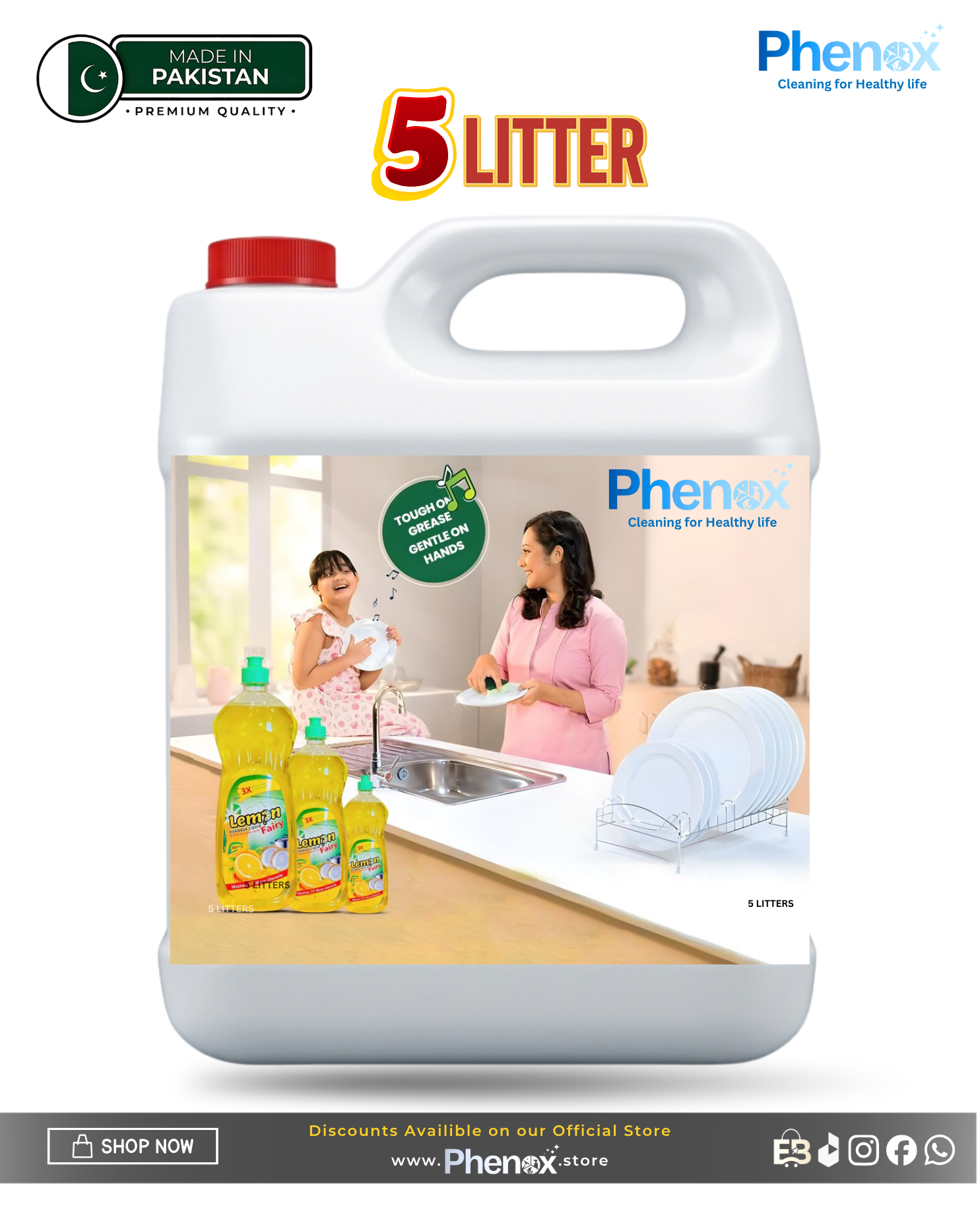 Phenox Lemon Fairy Anti-Bacterial Dishwash Liquid Bottle 500ml / 1 litter & 5 Litter