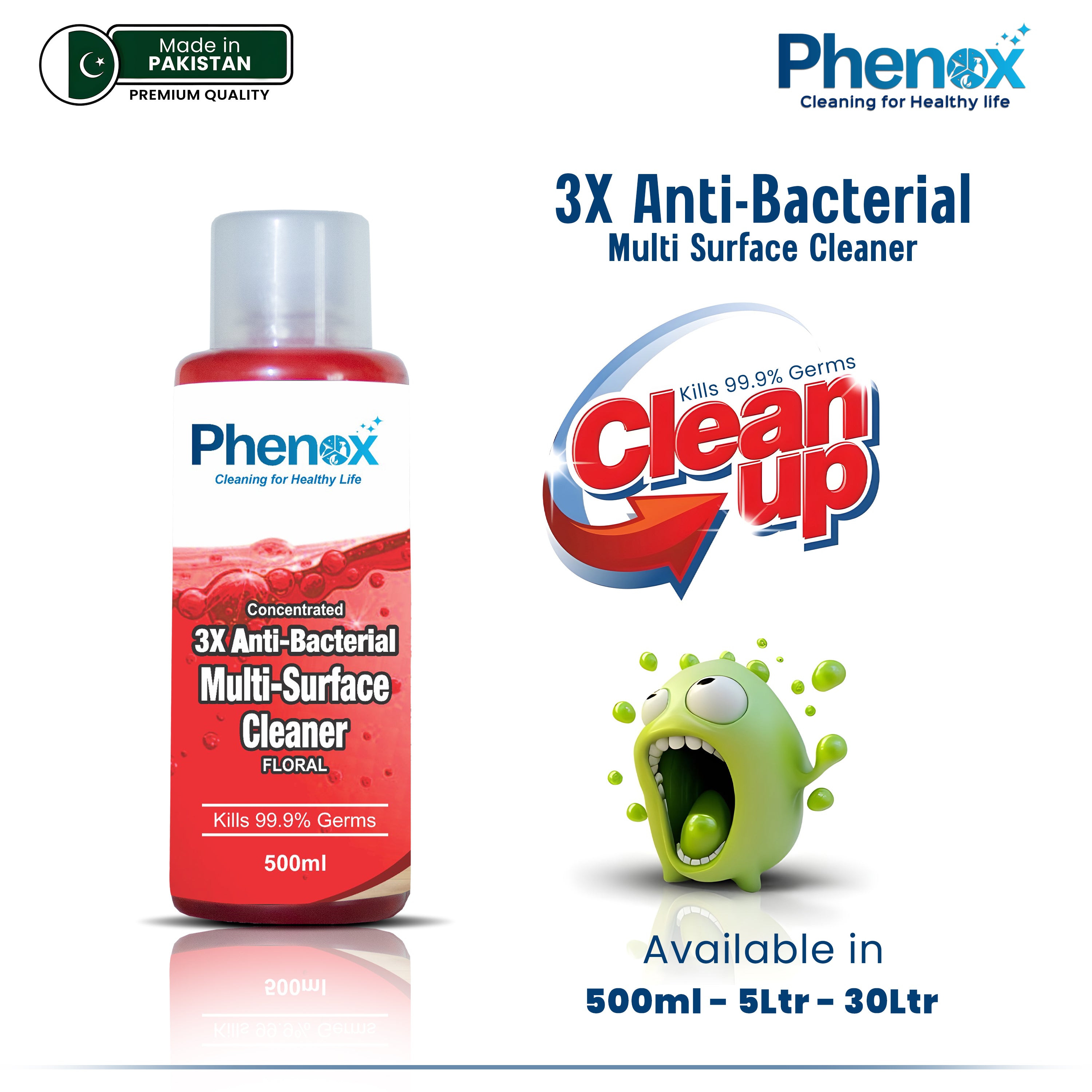 Phenox 3X Anti-Bacterial Multi Surface Cleaner (Floral) Max All Purpose Multi Surface Disinfecting Cleaner – 500ml & 5 Litter